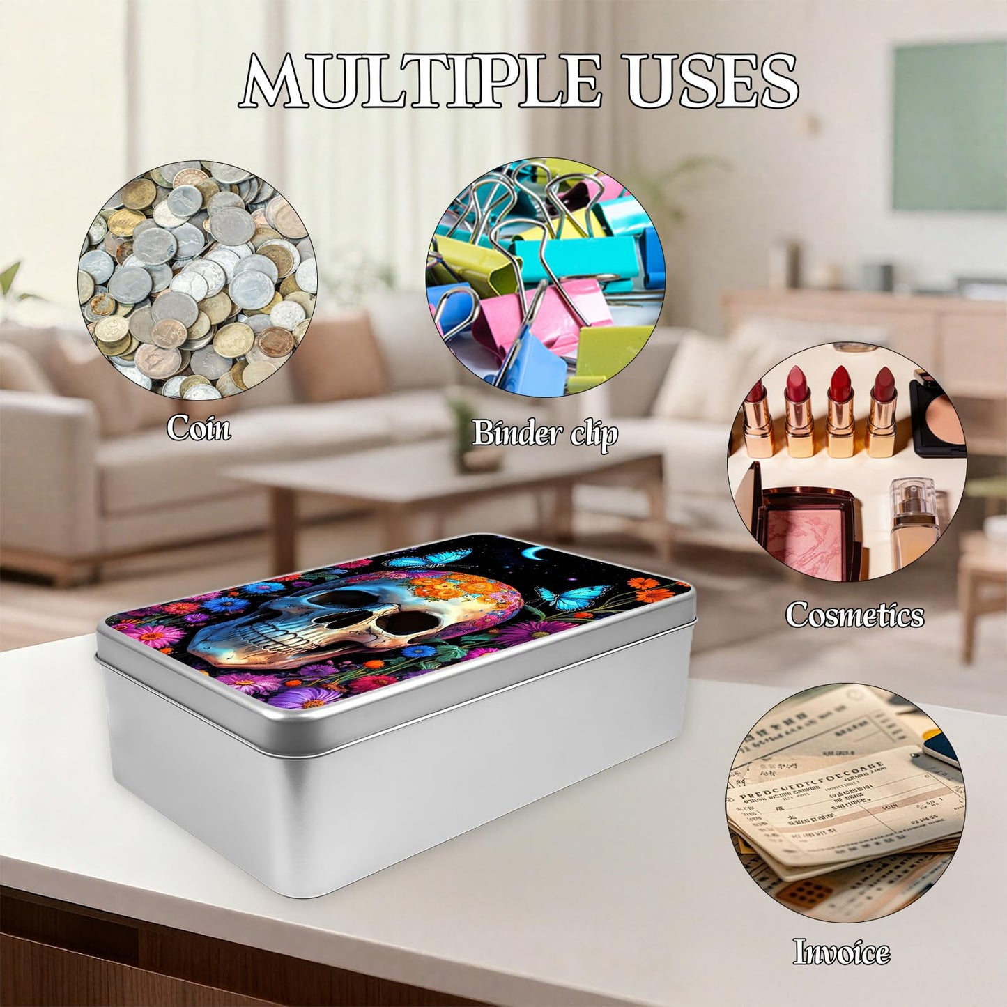 HGGJFLYX Metal Tin Box with Lid, Square Storage Container for Game Cards, Crafts and Candles, Decorative Tin Organizer and Gift Box for Home, Office and Kitchen,Floral Skull Butterflies