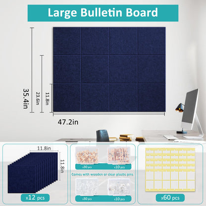 Bounmer Large Cork Bulletin Board - 48" x 36" Cork Board for Walls - 12 Pack Felt Tiles, 60 Removable Safe Adhesive Tabs & 30 Pushpins - for Office, School, Home Decor (Navy Blue)