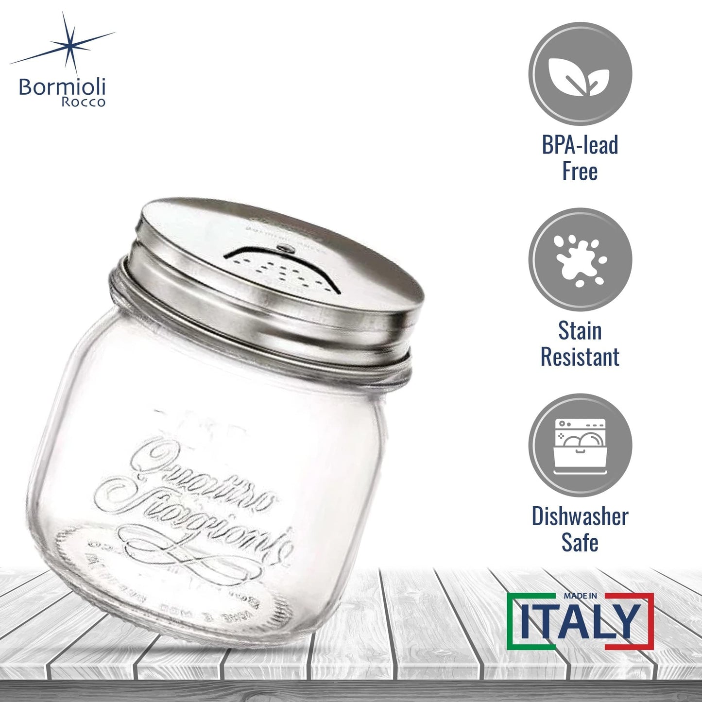 Bormioli Rocco Quattro Stagioni Spice Jar Set - 8.5 Oz, Durable Glass Mason Jars with Multi-Function Rotatable Lids, Stainless Steel Tops for Salt & Pepper - Made in Italy, Glass Spice Jars