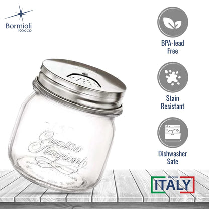 Bormioli Rocco Quattro Stagioni Spice Jar Set - 8.5 Oz, Durable Glass Mason Jars with Multi-Function Rotatable Lids, Stainless Steel Tops for Salt & Pepper - Made in Italy, Glass Spice Jars