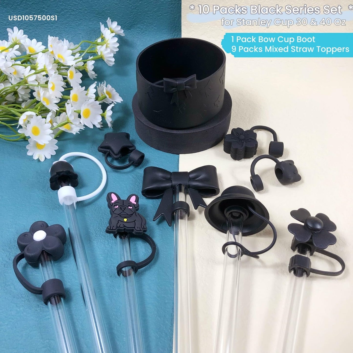 SCRMROIA 10 Packs 3D Mixed Straw Toppers & Bow Cup Boot Set, Compatible with Stanley Cup 30&40 Oz, Soft Silicone Accessories, Covers Fit 0.4in/10mm Straw, Dust Proof Anti-Scratch (Black Series)