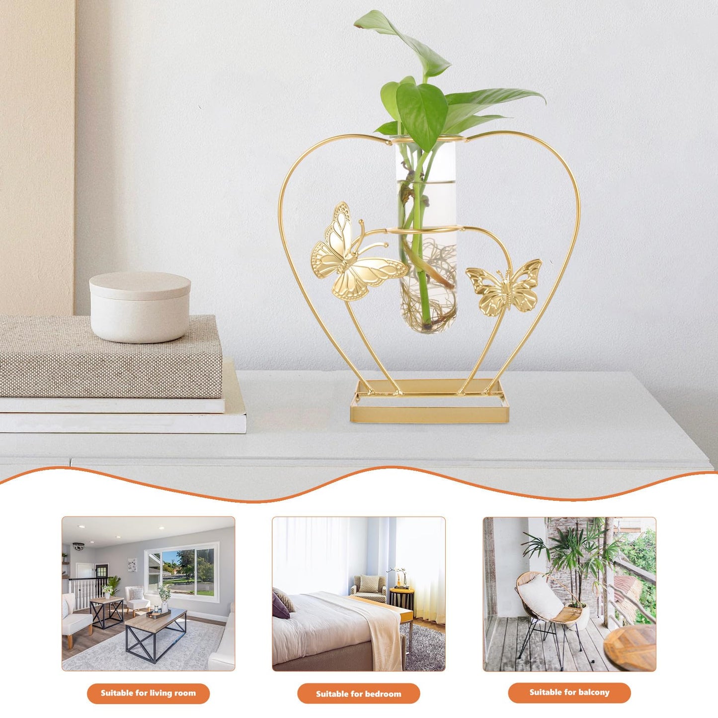 Uonlytech Metal and Glass Hydroponic Flower Vase with Butterfly Motif, Heart-Shaped Terrarium Ornament for Home Décor, Desktop Plant Holder for Living Room and Wedding Decorations