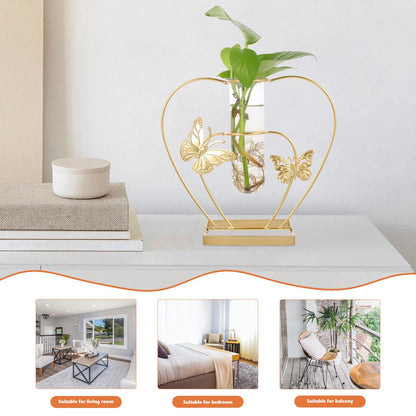 Uonlytech Metal and Glass Hydroponic Flower Vase with Butterfly Motif, Heart-Shaped Terrarium Ornament for Home Décor, Desktop Plant Holder for Living Room and Wedding Decorations