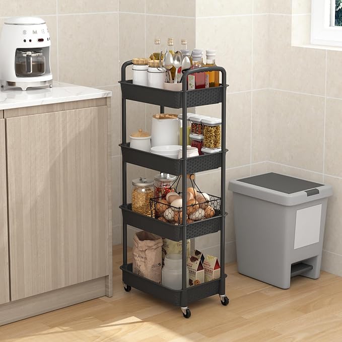 MOYIPIN 4-Tier Plastic Rolling Utility Cart with Handle, Utility Storage Cart for Office, Living Room, Kitchen, Movable Storage Organizer Shelves, Black