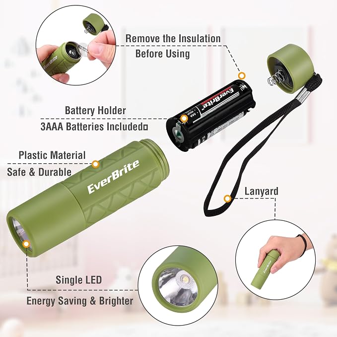 EverBrite Mini Flashlight 3-Pack, Small Flash Lights 9 AAA Batteries Included, Pink/Green/Blue LED Flashlights with Lanyard for Camping/Emergencies
