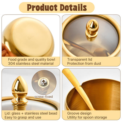 Akamino Set of 3 Stainless Steel Sugar Container with Glass Lid and Spoon, Gold 10oz Seasoning Jar Condiment Pots with Serving Tray, Kitchen Canisters Set for Pepper, Salt, Spice, Candy