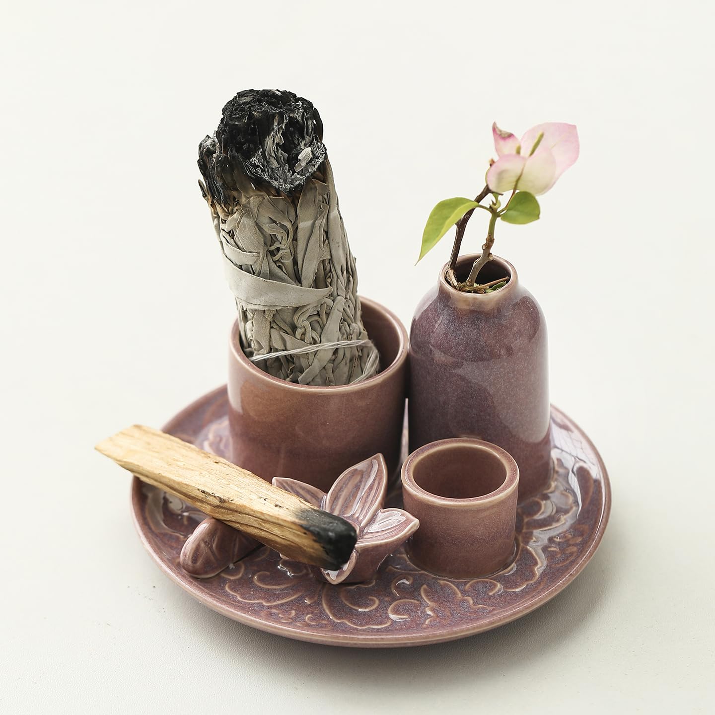 Purple Incense Holder for Sticks, 5.1 Inch Ceramic Incense Holder with Ash Catcher – 4 in 1 Smudge Bowl for Sage and Palo Santo, Reiki Supplies for Meditation Yoga Home Decor