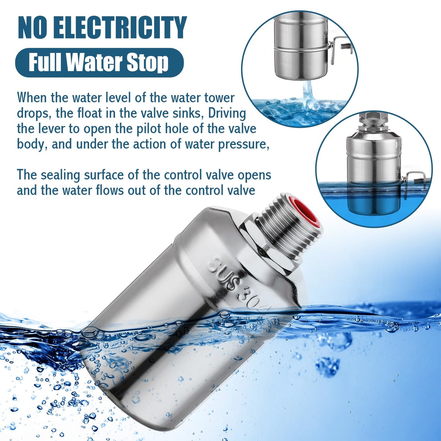 MorningRo 4 Pack Water Float Valve 1/2" to 3/4'' Auto Shut off Water Tank Float Valve 304 Stainless Steel Fully Automatic Level Control for Pool, Livestock Troughs (Regular Style)