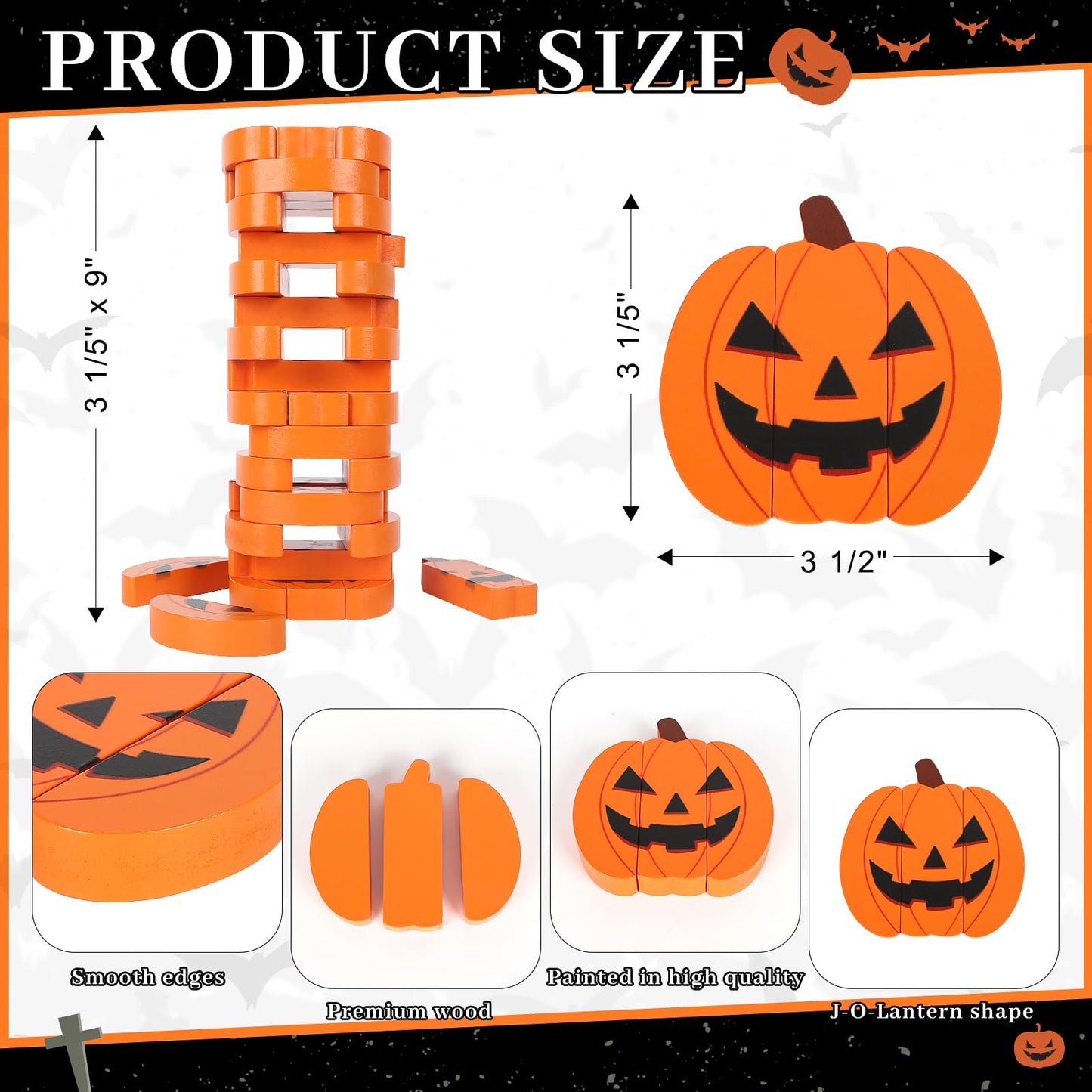 COCHIE Halloween Game for Family Adults, Wooden J-O-Lantern Blocks Stacking Tower Games, Tumbling Tower Balancing Pumpkin Blocks Halloween Party Game Activities Gifts (Pumpkins)