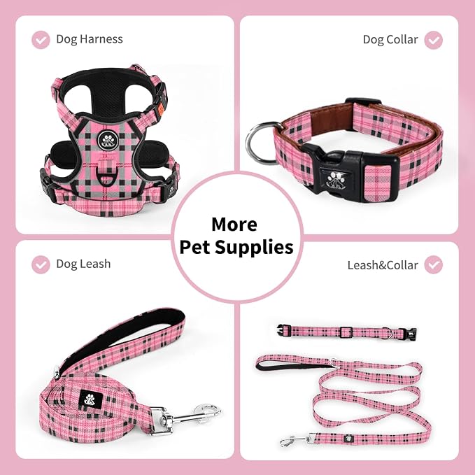 NESTROAD Dog Collar and Leash Set,Soft Neoprene Pet Collar with Quick Release Buckle,Adjustable Nylon Dog Collars for Small Medium Large Dogs(Large,Cherecked Pink)
