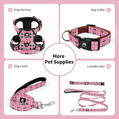 NESTROAD Dog Collar and Leash Set,Soft Neoprene Pet Collar with Quick Release Buckle,Adjustable Nylon Dog Collars for Small Medium Large Dogs(Large,Cherecked Pink)