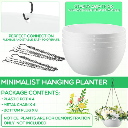 Maxcheck 4 Pack 13 Inch Large Hanging Planters Indoor Outdoor Flower Pots, Plant Containers with Drainage Hole Round Hanging Plant Pot for Home Garden Porch Balcony Patio Decor (White)