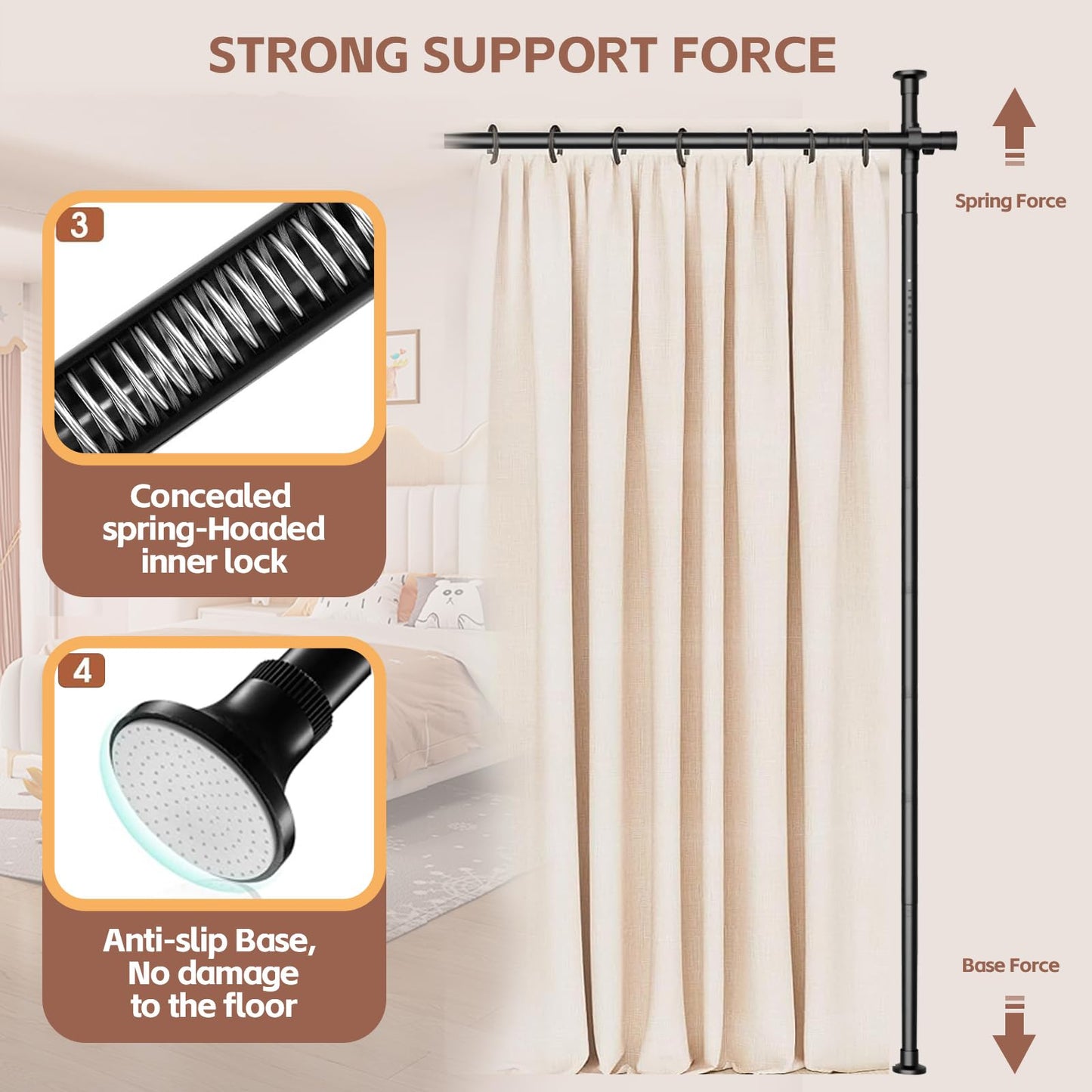 Room Divider Curtain Rod - No Drilling Partition Room Dividers for Room Separation,4-10ft (H) 28-120inch(W) Adjustable Floor to Ceiling Portable Room Divider Wall Partitions Space Separator