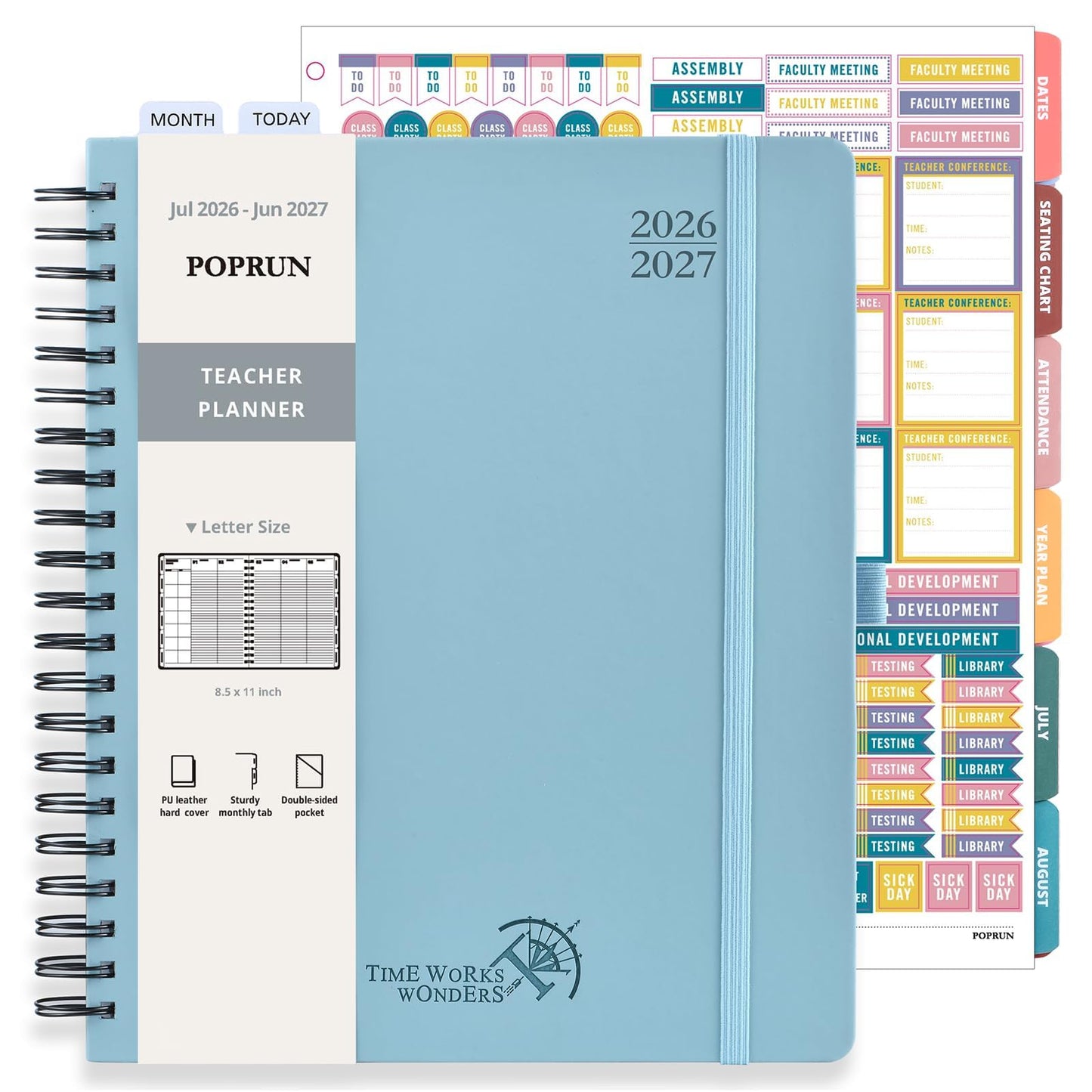 POPRUN Teacher Lesson Planner 2026-2027, (Letter Size - 8.5'' x 11'') Academic Planner July 2026 - June 2027 with Gradebook & Color Monthly Tabs, Thick Paper, 2-Sided Pocket, Leather Cover, Dutch Blue