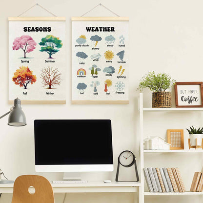 TLESKE 4 Seasons Weather Chart Poster Hanger Frame for Toddler Kid Classroom Set of 2, Homeschool Hanging Wall Art Decor for Nursery Playroom, Preschool Prek Learning Educational Poster, 16x24