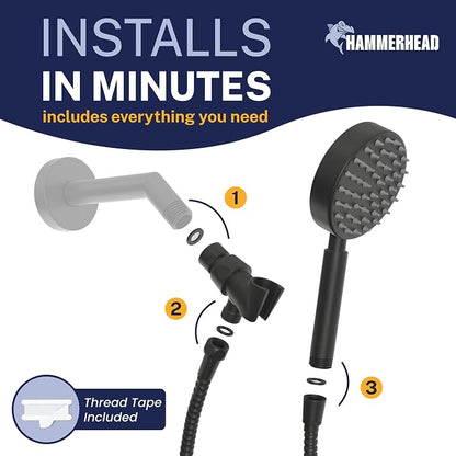HammerHead Showers® Solid Metal Handheld Shower Head with Hose and Brass Holder - MATTE BLACK - 2.5 GPM High Pressure Shower Heads with Adjustable Shower Wand Bracket - 6ft Flexible Extension