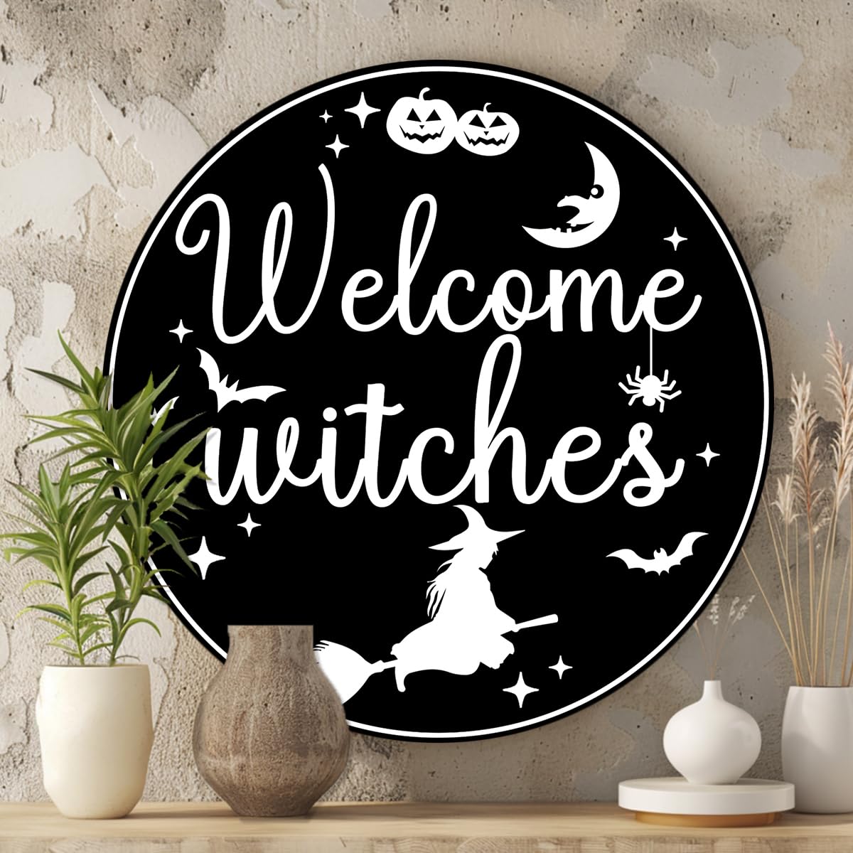 Generic Welcome Witches Round Aluminum Sign Halloween Metal Tin Signs Autumn Witch Ghost Pumpkin Wall Decor Sign For Home Kitchen Cafe 8x8 Inch