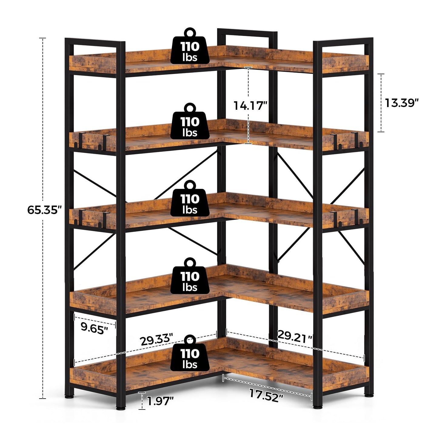 GTPLAYER 5-Tier Corner Bookshelf, L-Shaped Metal Frame Shelf with Tall 14" Shelves, Plant Stand and Storage Rack for Small Spaces, Living Room and Home Office, Rustic Brown