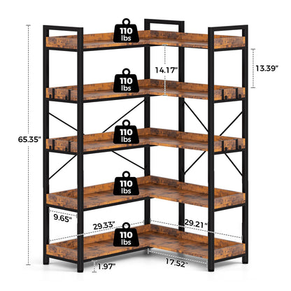 GTPLAYER 5-Tier Corner Bookshelf, L-Shaped Metal Frame Shelf with Tall 14" Shelves, Plant Stand and Storage Rack for Small Spaces, Living Room and Home Office, Rustic Brown