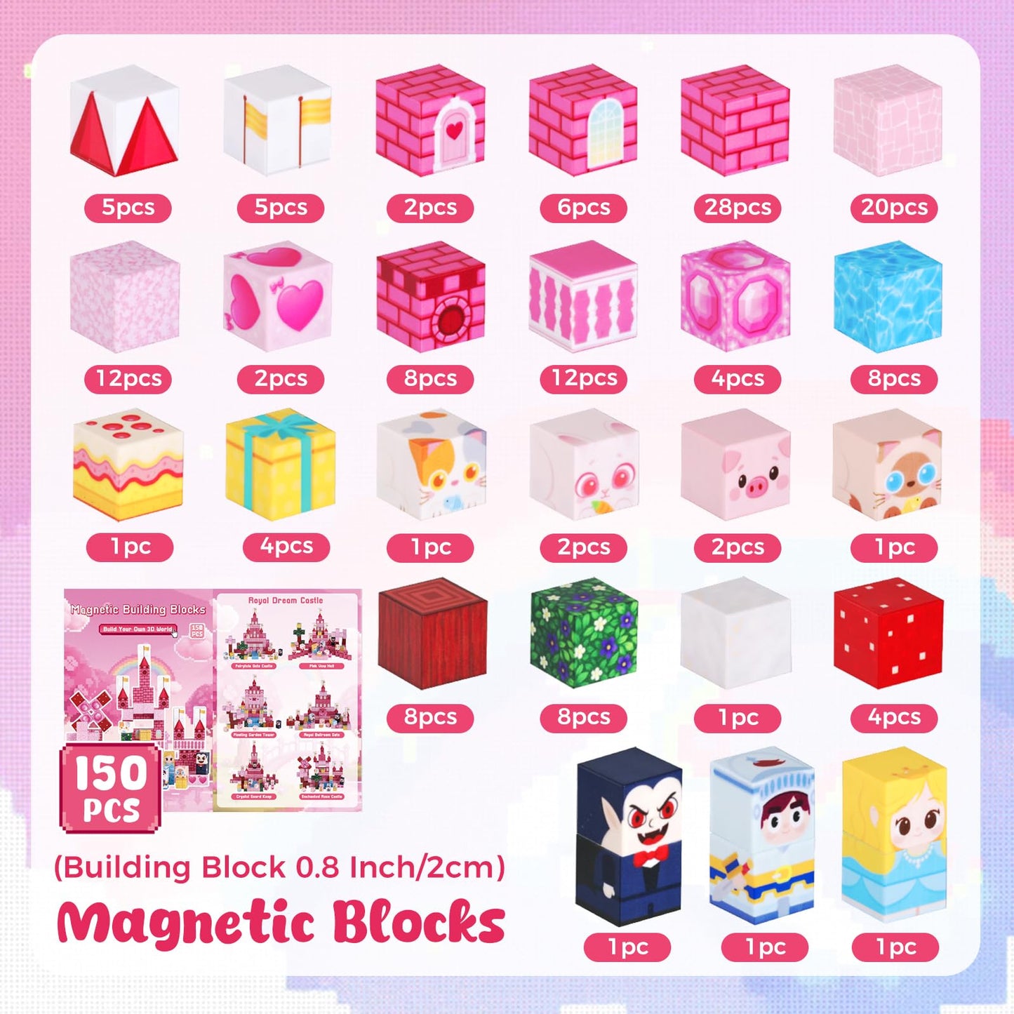3 otters Magnetic Blocks 150PCS, Princess Castle Magnet Cubes STEM Montessori Building Toys for Girls, Sensory Gifts for Kids Birthday