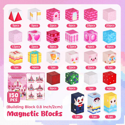 3 otters Magnetic Blocks 150PCS, Princess Castle Magnet Cubes STEM Montessori Building Toys for Girls, Sensory Gifts for Kids Birthday