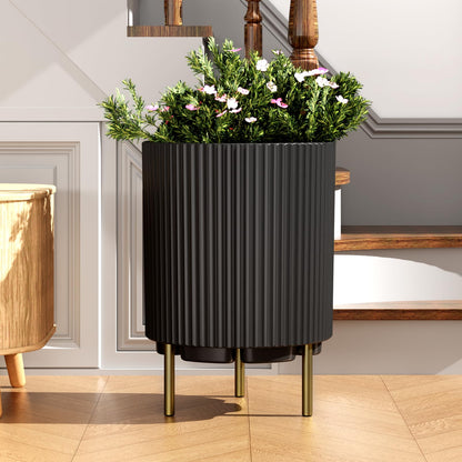 NAYSAYE Round Planter with Stand, 14.76 Inch Plastic Flower Pot Modern Plant Pots with 3 Holder, Garden Planter for Living Room Office Garden Balcony Black