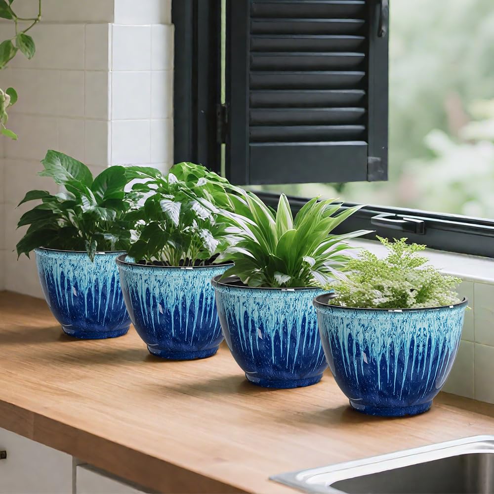 Flower Pots, 8 Inch Plastic Plant Pots for Plants, Set of 4 Planter for Indoor Outdoor Plants with Drainage Hole, Sleek Small Nursery Planting Pot for Home Garden Outdoor Planters(Blue Glaze)