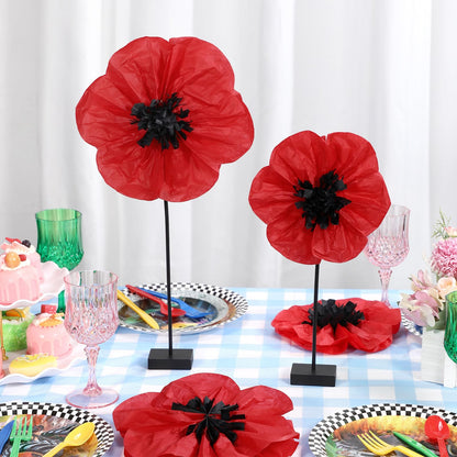 Amyhill 6 Pcs Artificial Red Poppy Flowers Table Centerpiece with Wooden Base Poppy Paper Flowers for Veterans Day Home Office Witch Theme Party Decor Supplies Photography Props