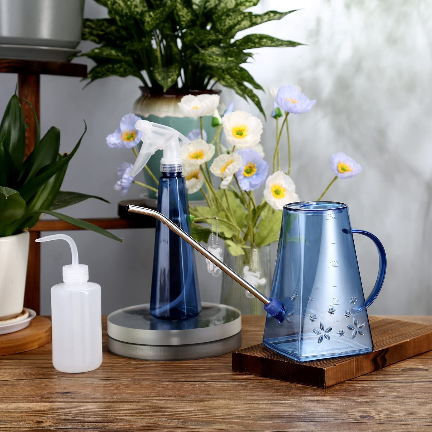 Goowin Watering Can Indoor Plants, 47 oz Long Spout House Plant Flower Watering Can, Creative Wide Opening Plastic Watering Can with 16 oz Spray Bottle & 8.5 oz Squeeze Bottle, Blue