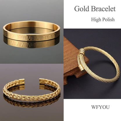 WFYOU 3PCS Stainless Steel Bracelets for Men Gold Roman Numeral Bangle Twisted Cable Adjustable Cuff Bracelet Mens Luxury Jewelry Gifts