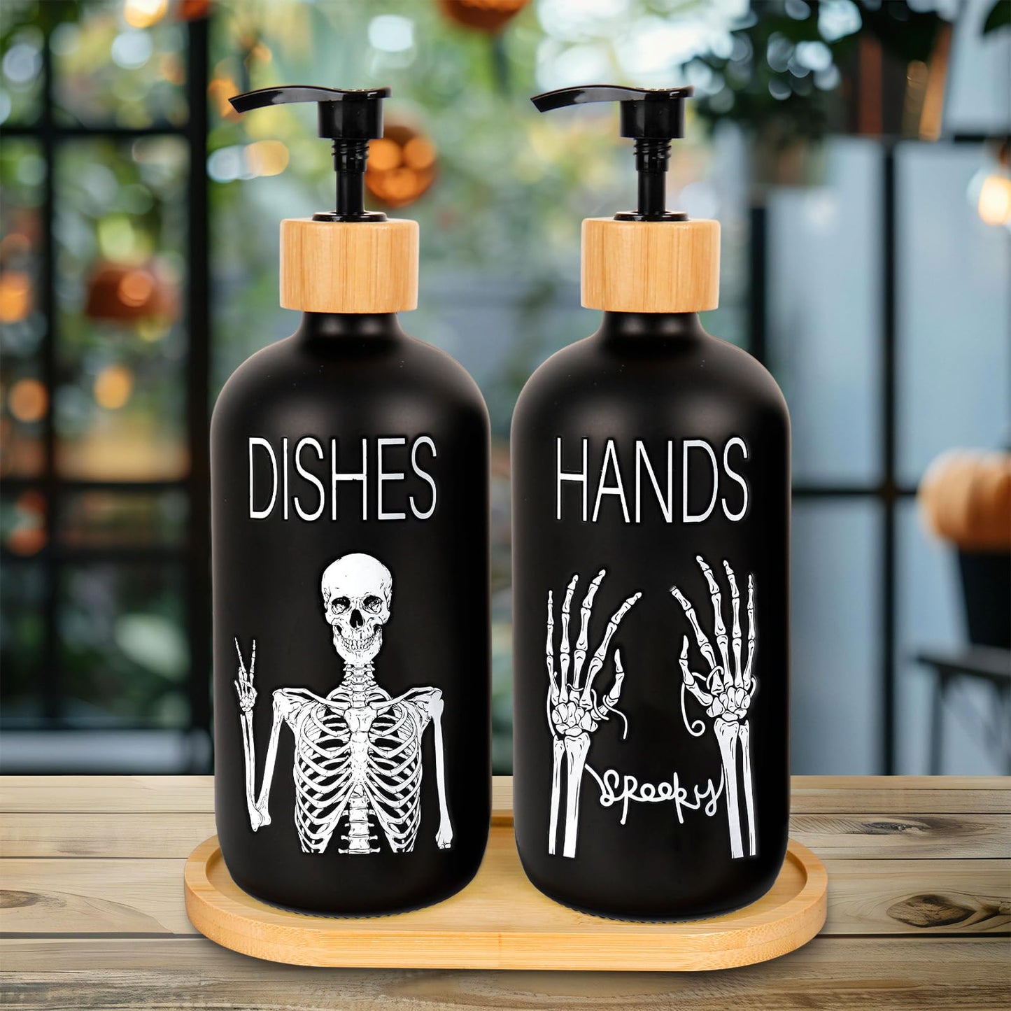 Whaline 2 Pcs Halloween Soap Dispenser Black Spooky Skeleton Hand Glass Soap Dispenser with Pump Refillable Liquid Container for Trick or Treat Home Kitchen Decor