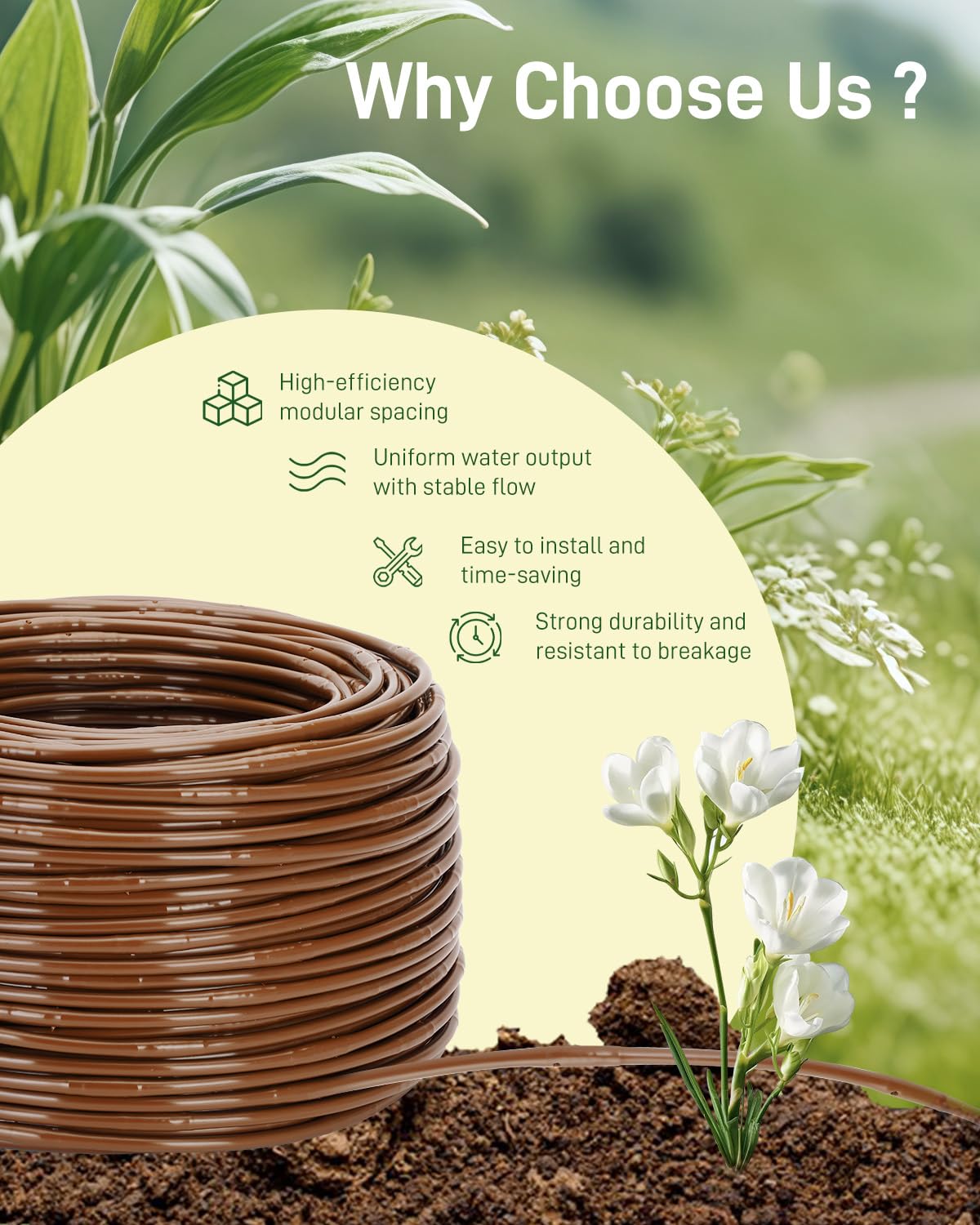 1/4" Drip Irrigation Tubing with 6" Emitter Spacing, (250 Ft Roll) Hydroponics Dripline with Built-in 0.5 GPH Dripper, Drip Line for Vegetation, Window Boxes and Garden (Brown)