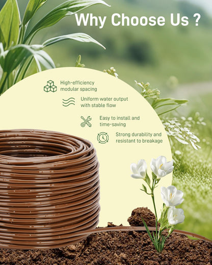 1/4" Drip Irrigation Tubing with 6" Emitter Spacing, (650 Ft Roll) Hydroponics Dripline with Built-in 0.5 GPH Dripper, Saving 80% Water, Drip Line for Garden Irrigation and Raised Beds (Brown)