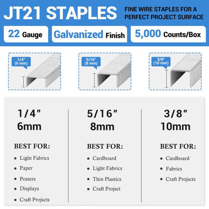meite JT21 Staples, 3/8 Inch Galvanized Fine Wire Staples for Staple Gun - 7/16" Crown JT21 Staple Refill, Ideal for Upholstery, Crafts, Furniture (1 Case)