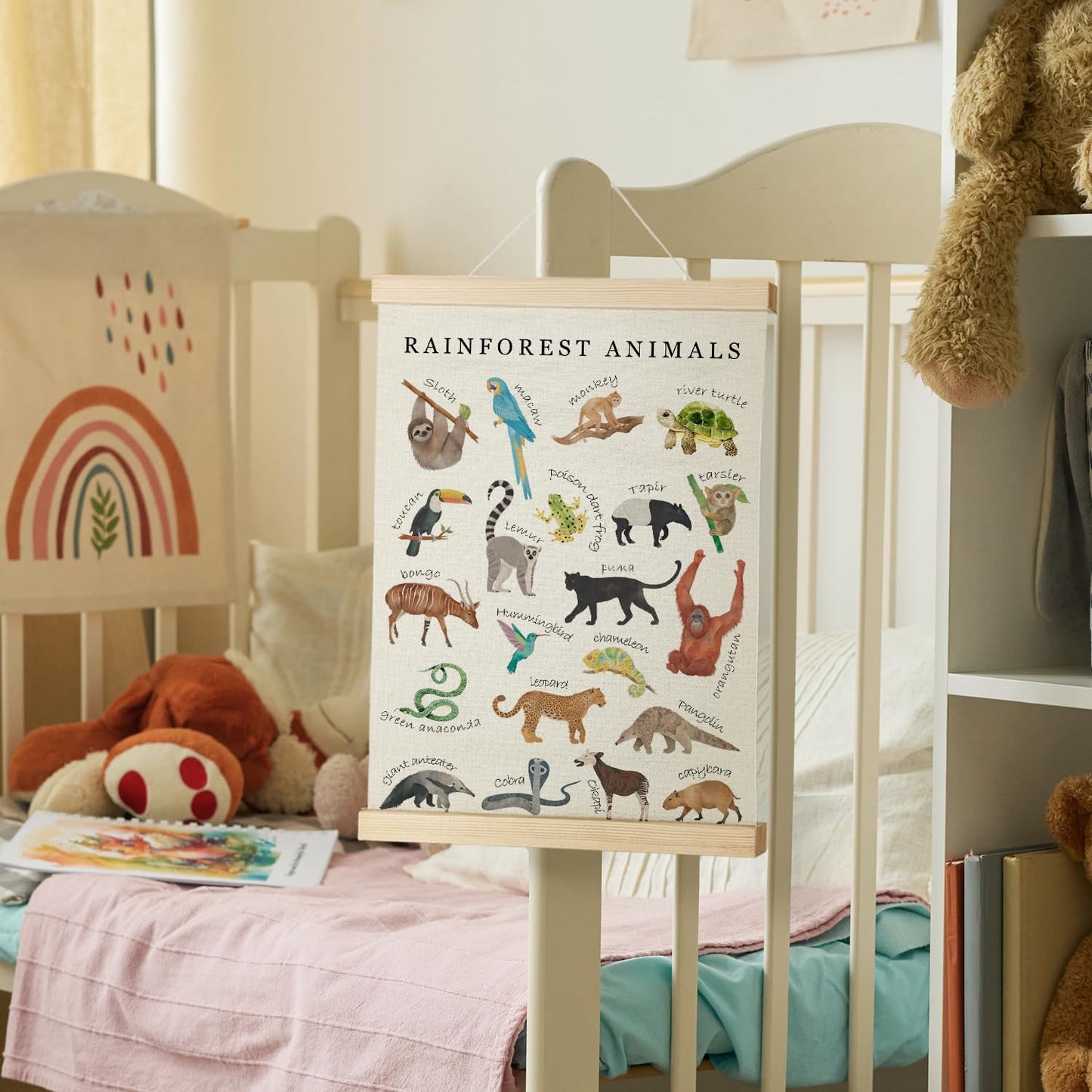 Nrleey Rainforest Animals Wall Art - Educational Poster Hanger Frame, Nursery Decor, 12x16 Inches