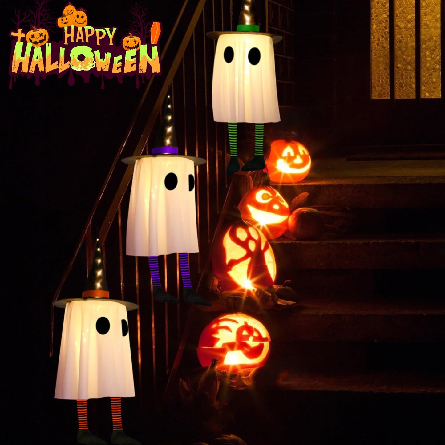 Halloween Party Decorations Lights, Set of 3 Hanging Witch Hat Light Decor, Outdoor Ghost Decor for Yard Porch Tree Window