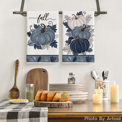 Artoid Mode Blue Leaves Pumpkin Fall Kitchen Towels Dish Towels, 18x26 Inch Farmhouse Autumn Decoration Hand Towels Set of 2