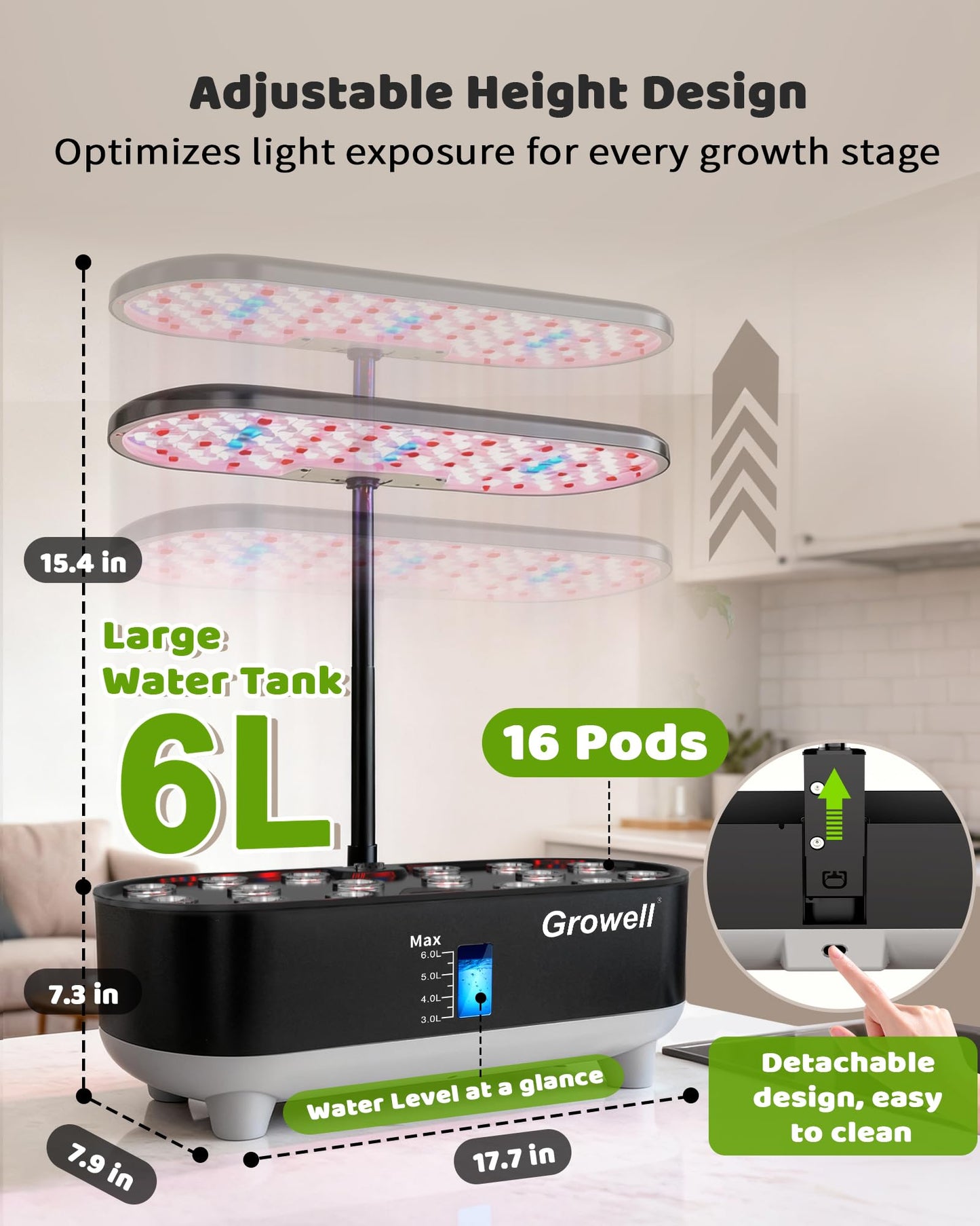 Growell Hydroponics Growing System Kit, 16 Pods, Vertical 8L Indoor Gardening System for Herb Vegetable Fruit, Hydro Garden with LED Grow Light, Smart Water Circulation, 3 Light Modes & 2 Timer, Black