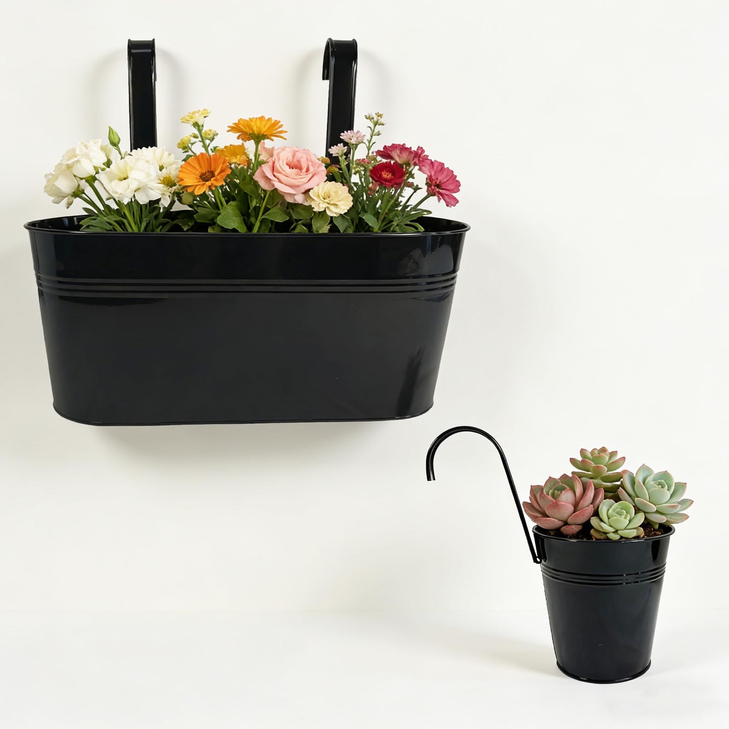Joyfernal Set of 4 Outdoor Metal Railing Planters Box - 2 Pcs 5.12" Round Balcony Hanging Planter & 2 Pcs 17" Oval Fence Pot with Detachable Hooks Drainage, Black