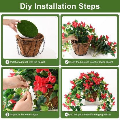 Homsunny Artificial Hanging Flowers Plants Basket for Outdoor Decoration,4 PCS Faux Silk Bougainvillea Vine Flowers Look Real UV Resistant for Outside Porch Patio Yard Garden Decor(Red)