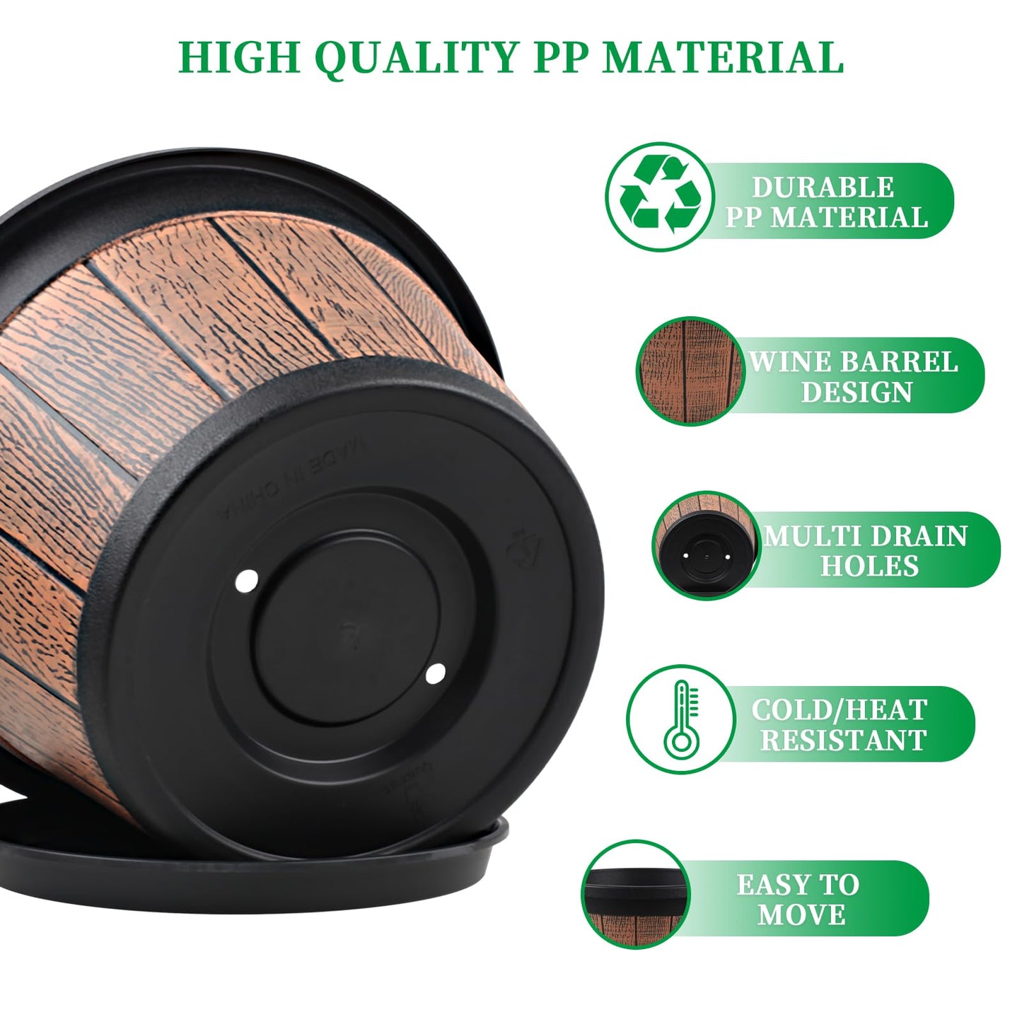 Quarut Large 4 Pack 16 inch Plant Pots,Whiskey Barrel Planters with Drainage Holes & Saucer,Plastic Decoration Flower Pots Retro Design,Planters for Outdoor Indoor Garden Balcony Plants (Brown)