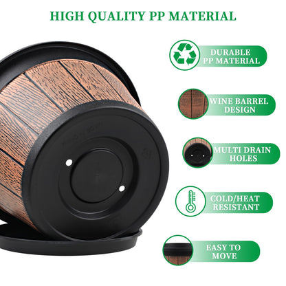 Quarut Large 4 Pack 16 inch Plant Pots,Whiskey Barrel Planters with Drainage Holes & Saucer,Plastic Decoration Flower Pots Retro Design,Planters for Outdoor Indoor Garden Balcony Plants (Brown)