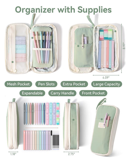 Four Candies 39 PCS Aesthetic Stationery Set with Cute Pen Case, College Supplies and Nursing Student Essentials, 12 Pastel Highlighters, 5 Black Gel Pens, 6 Mechanical Pencils, Green