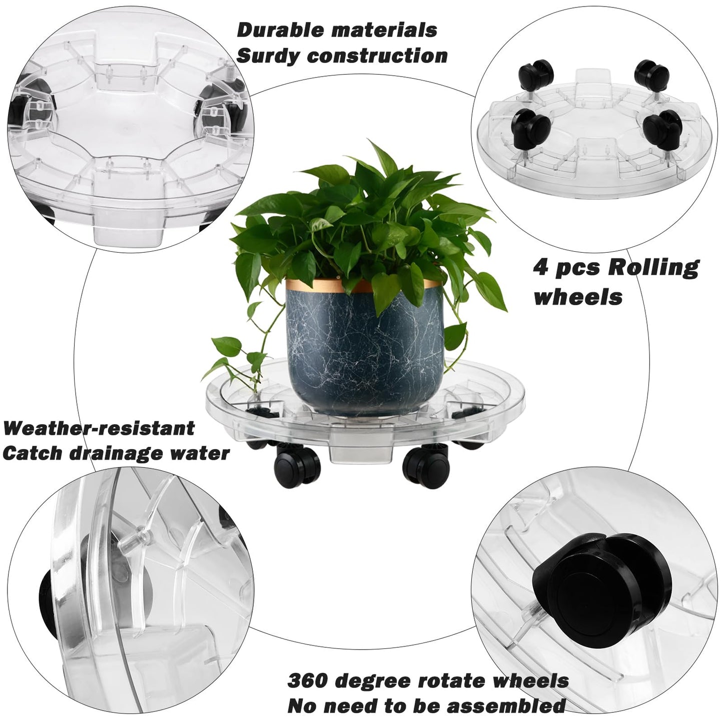KvyusFlourish 4 Packs 16 Inches Extra-large Clear Plant Caddy Plant Saucers on Wheels Rolling Plant Stands Heavy-duty Plant Dolly Plastic Planter Roller Base Pot Movers Outdoor Plant Tray Coaster