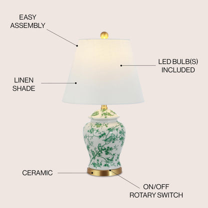 JONATHAN Y 22" White/Green Ceramic Table Lamp, French Country Chinoiserie Ginger Jar LED Bedside Lamp for Living Room Bedroom, White Linen Shade (JYL3005B)