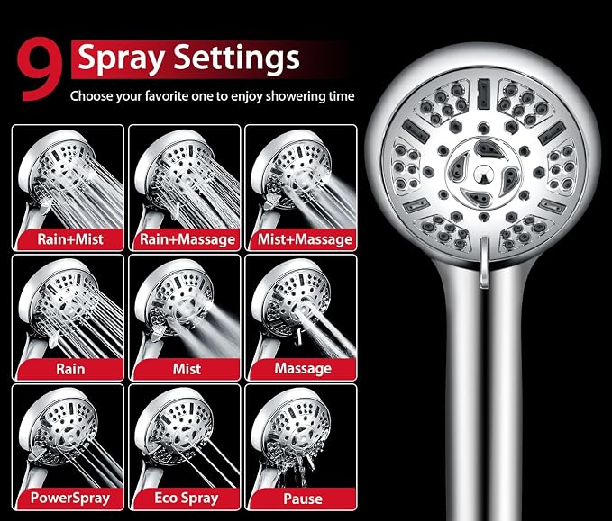 GRICH 1.8GPM Shower Head with Handheld Spray Combo: 2 in 1 Rainfall Shower Heads high pressure & Handheld Shower Head, 9 Spray Modes/Settings Detachable Shower Head with 60 Inch Hose, Chrome