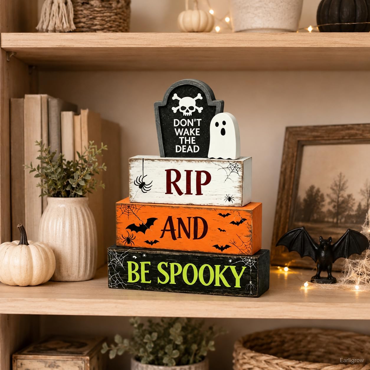 4 Pcs Halloween Table Decorations Ghost Tombstone Wooden Block Signs RIP and be Spooky Rustic Tiered Tray Decor Farmhouse Halloween Centerpiece with Bat for Home Kitchen Shelf Office Mantel