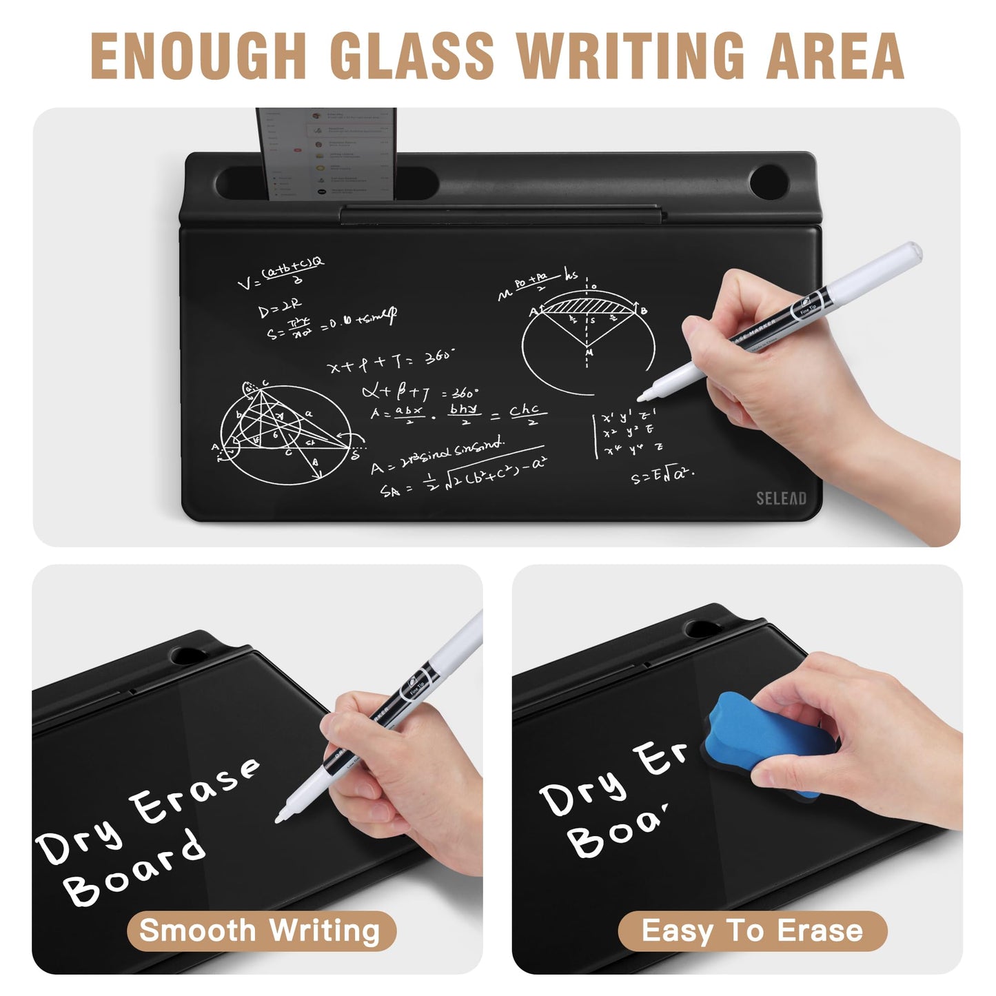 SELEAD Desktop Glass Whiteboard with Storage, Small Dry Erase White Board Computer Pad Keyboard Stand for Home, School, Office Desk Accessories - Black