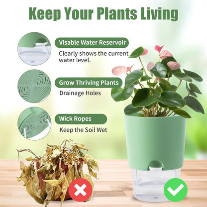 Oliz Plant Pots Indoor 4 Packs Self Watering Pots for Indoor Plants 7.4/6.3/6.3/4.9 inchs, African Violet Pots Planter with Visible Reservoir Self Watering Planter for Herb, House Plant Planting