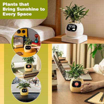 Smart Plant Pot with Visual Display – Soil Moisture, Water Level, Light & Battery Monitor, 80ml Self-Watering Reservoir, Supports 100+ Plants, Pomodoro Timer, Clock & Calendar-Pink-Yellow